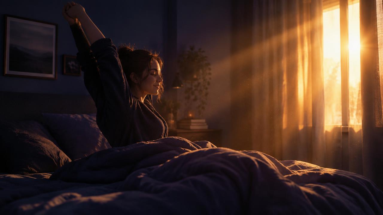 A person stretching awake in bed as warm morning sunlight streams through the curtains