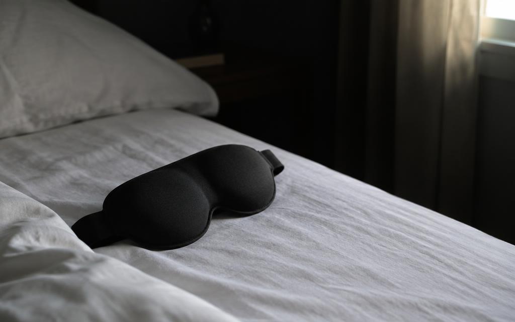 A contoured black sleep mask resting on white bedding in a dark bedroom