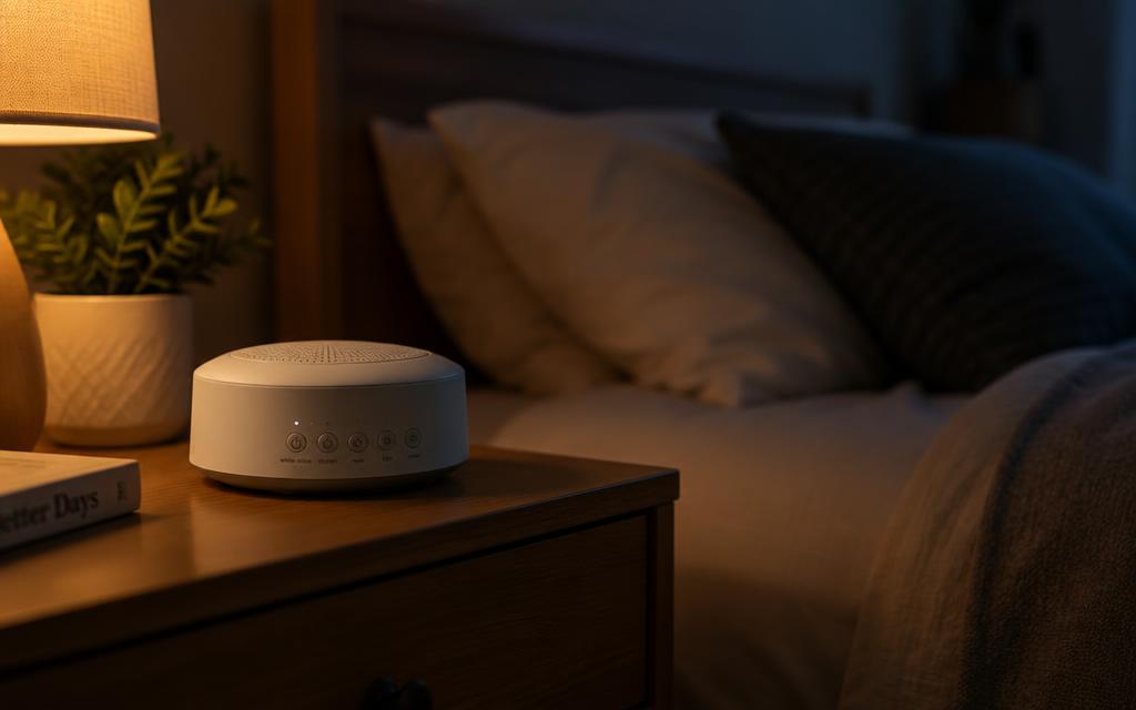 A small white noise machine on a bedside table in a dimly lit bedroom